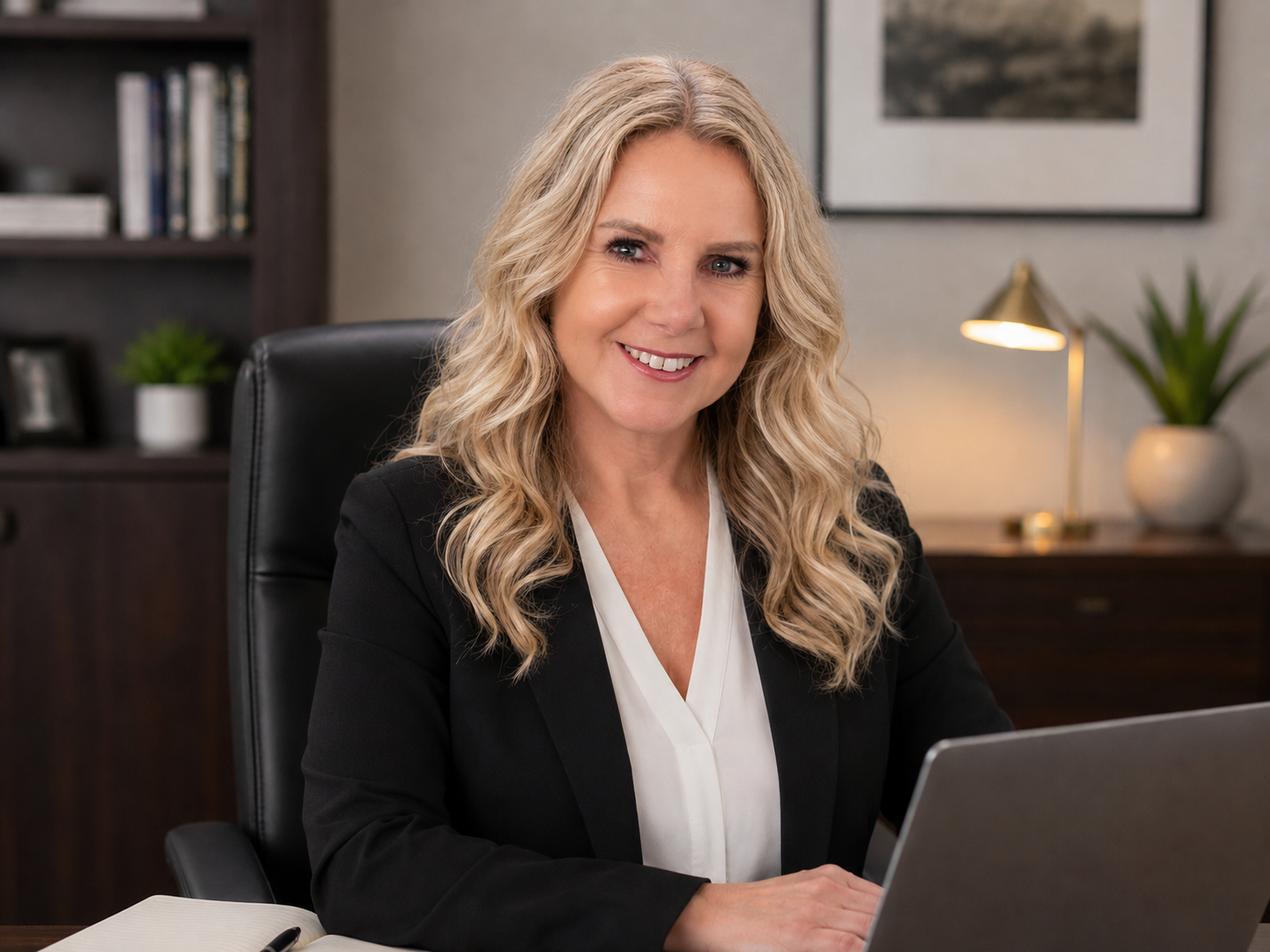 Lorna Angell, Founder of Angell Advisory, seated at her desk in her advisory office