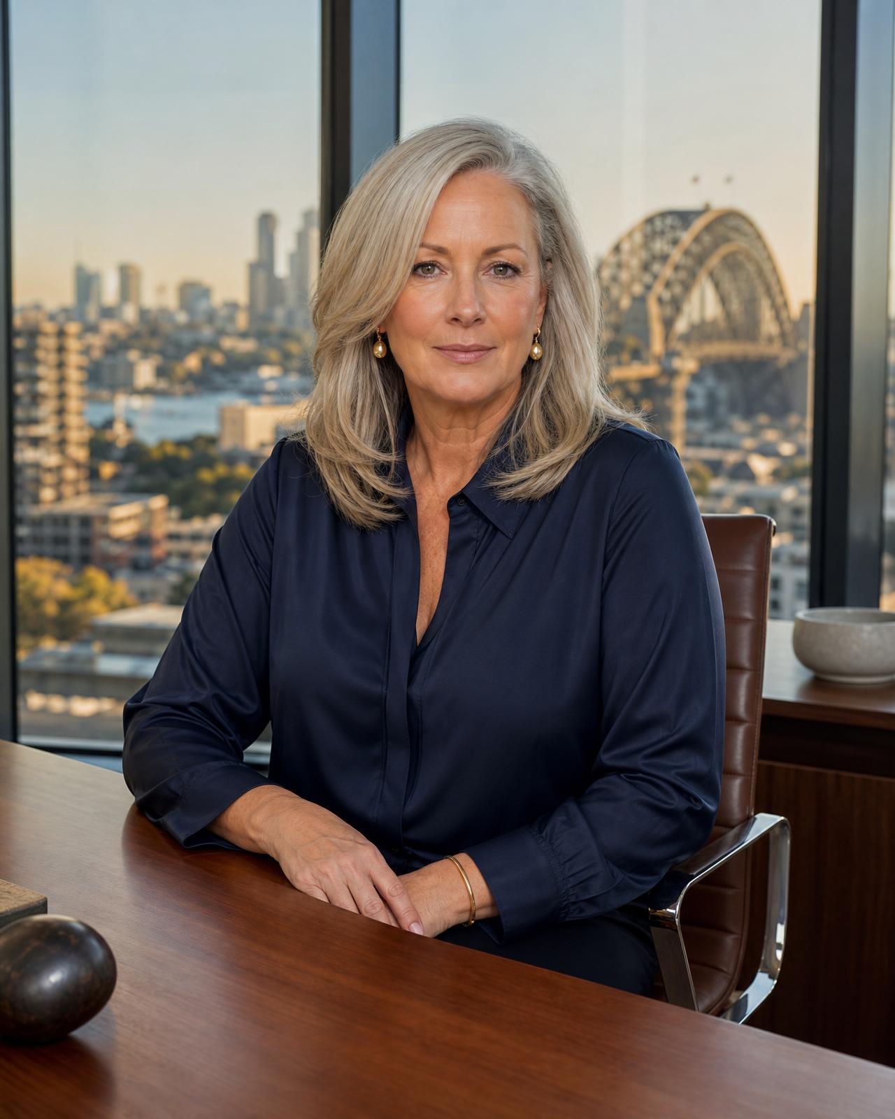 Lorna Angell, Founder of Angell Advisory, seated in her advisory office overlooking the Sydney skyline