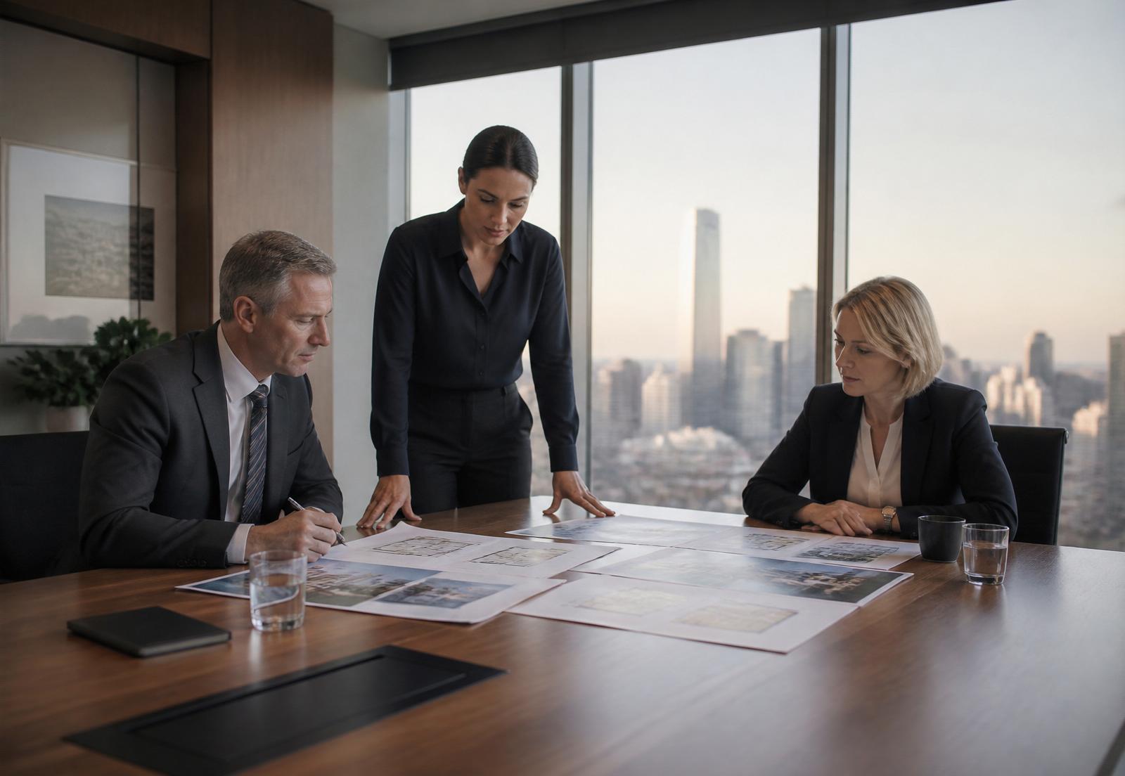 Agency leadership team reviewing property portfolio plans in a premium commercial boardroom